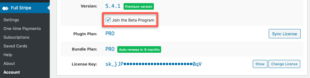 WP Full Stripe - "Join the Beta Program" checbox on the "Full Stripe / Account" page