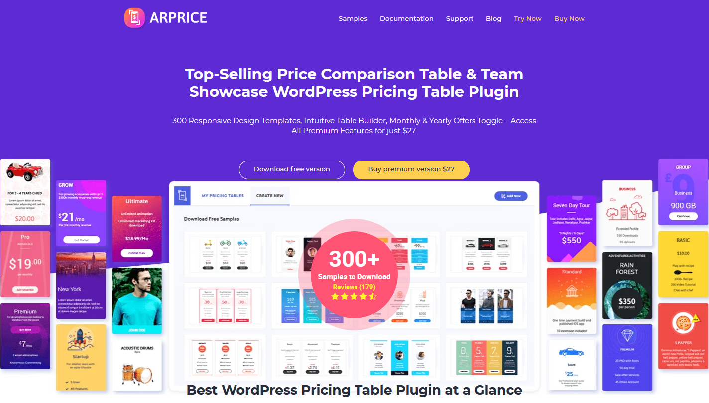ARPrice is a shortcode-based WP pricing table builder with 300+ pricing table templates.