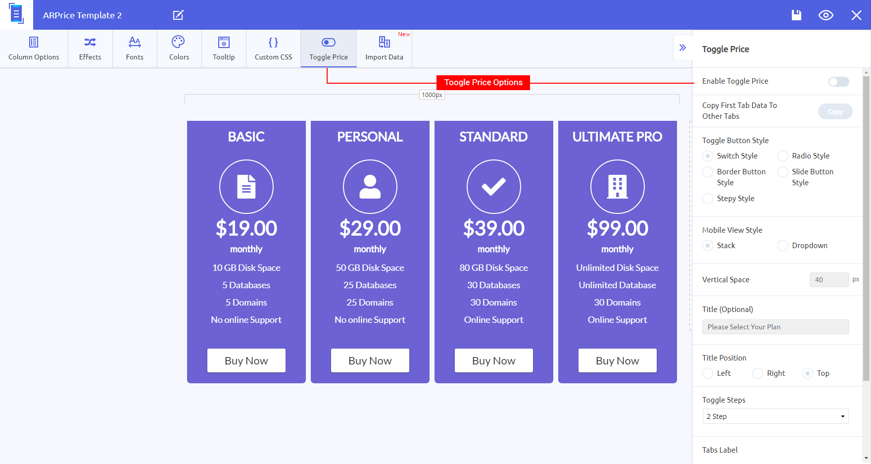 ARPrice allows you to add a toggle to your pricing table.