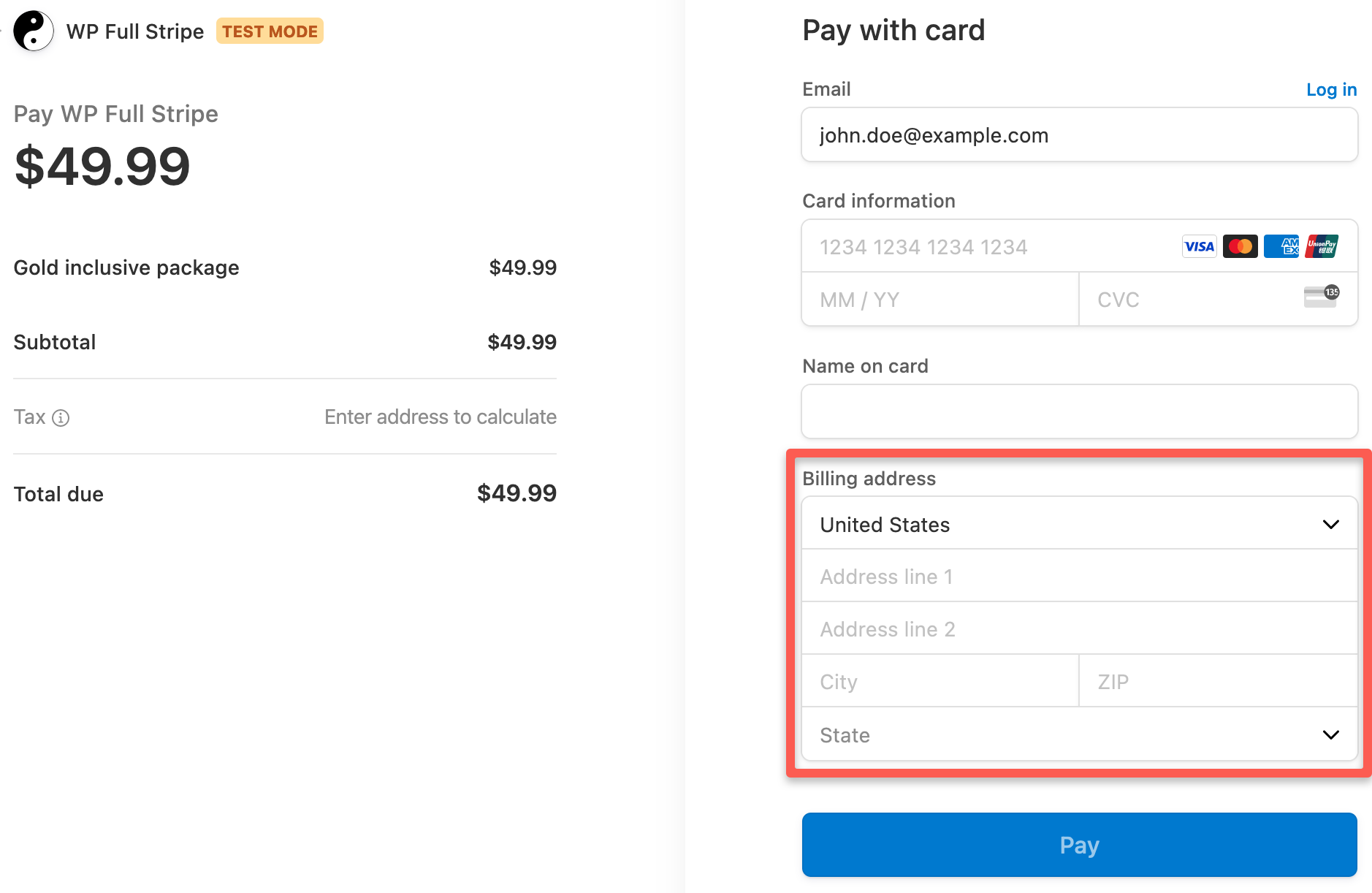 Automated sales tax collection in WP Full Pay checkout forms.