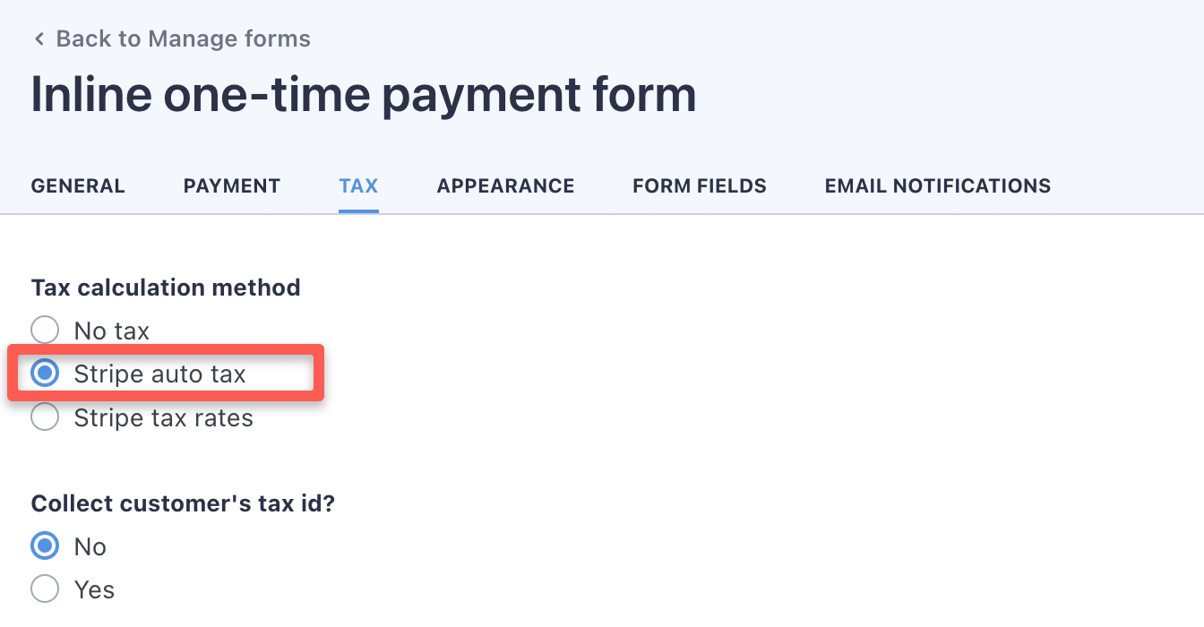 Stripe’s automated sales tax tool can be enabled on the "Tax" tab of the given form in WP Full Pay.