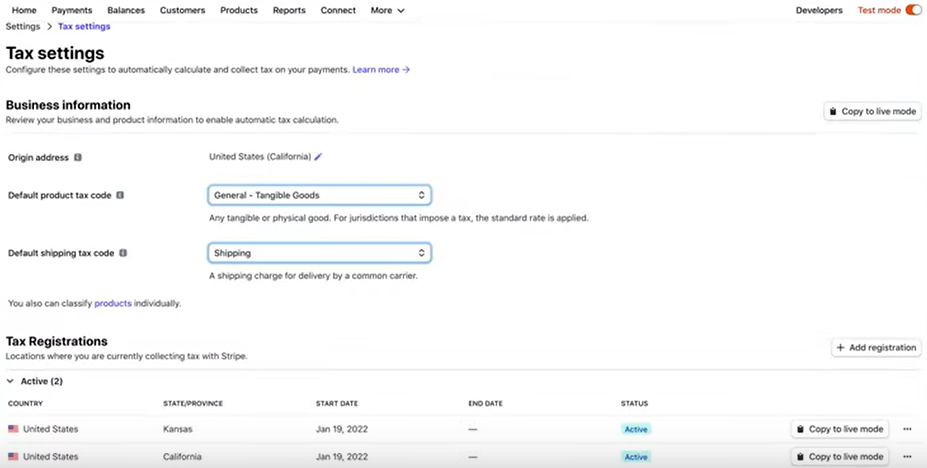 Stripe Tax settings.