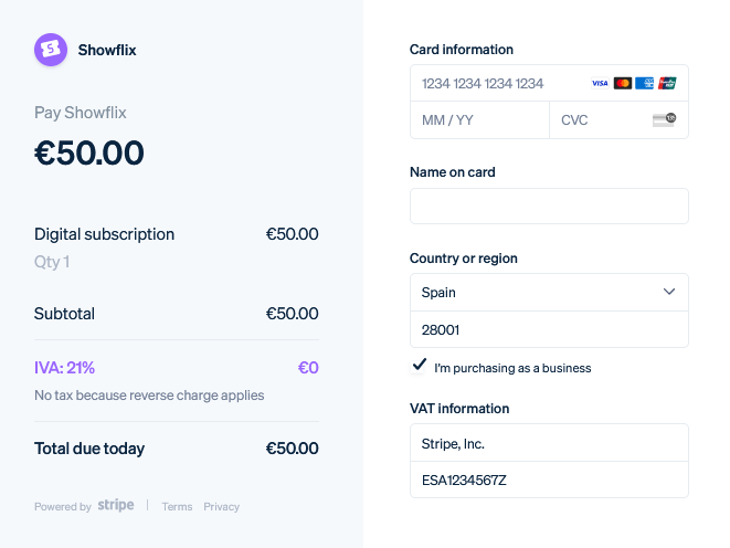 Stripe’s automated sales tax tool will automatically validate VAT IDs and ABNs for European and Australian customers, applying a reverse charge or zero VAT rate when necessary.