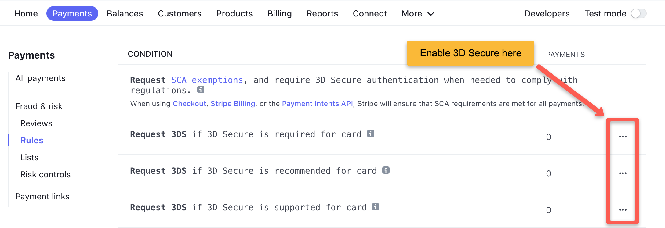 To mitigate card testing attacks, make sure to enable 3D Secure using Stripe Radar.