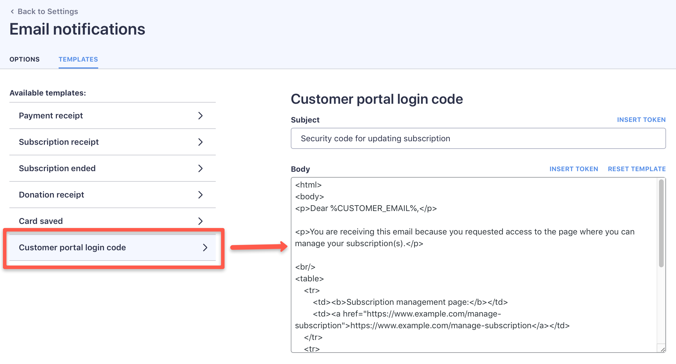 The email template settings for the Customer portal login code
