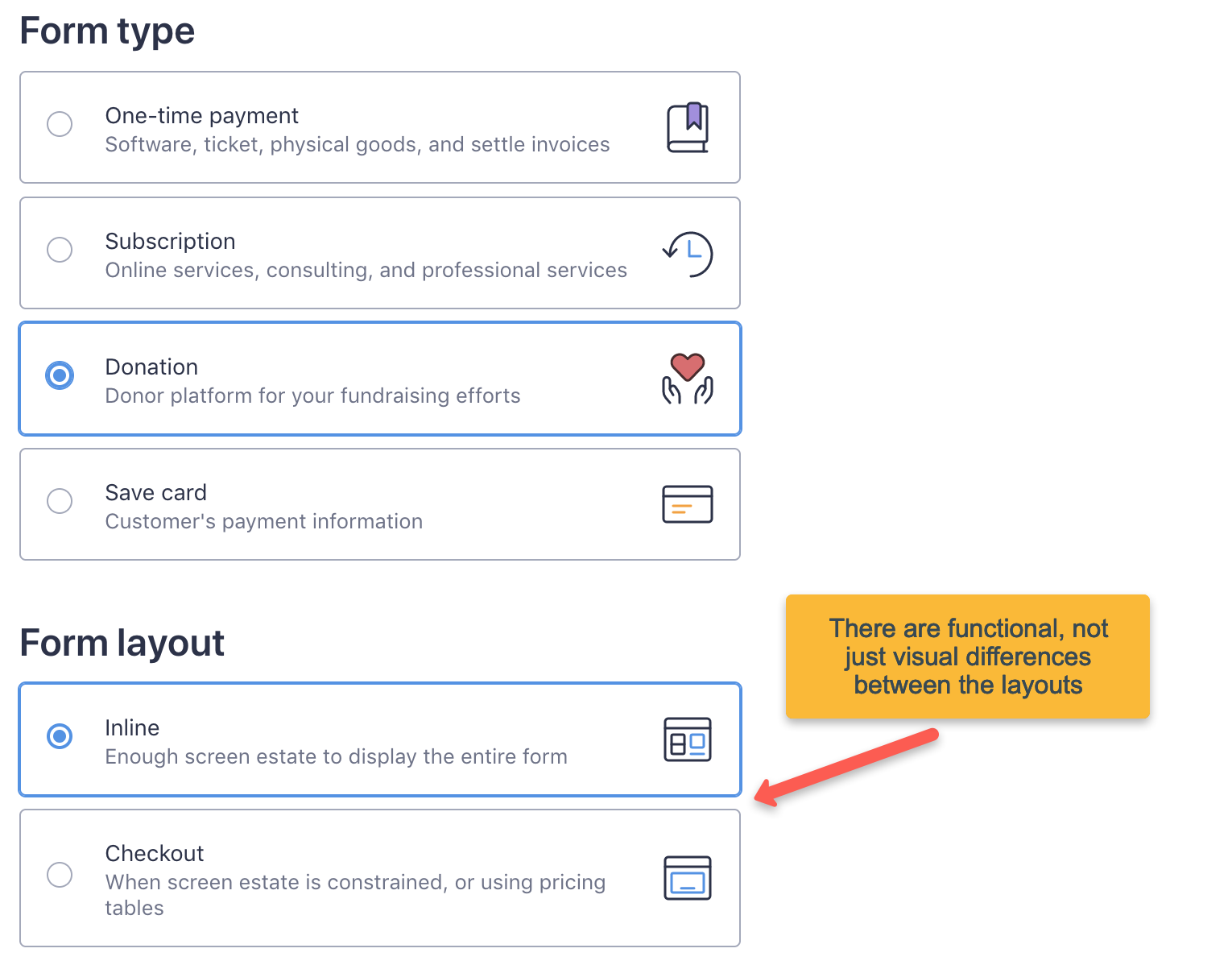 You can enter name and display name for the donation form, plus select the form layout