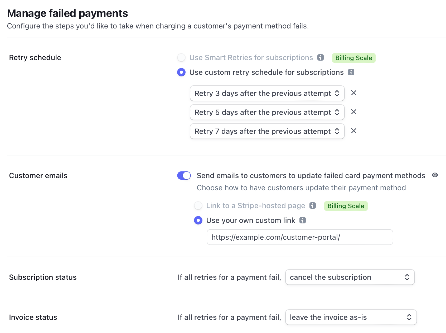 “Manage failed payments” section of Stripe.