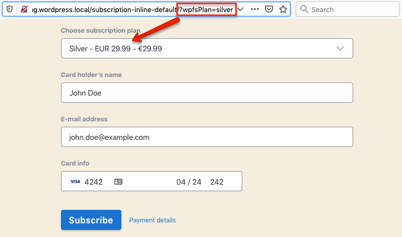 WP Full Stripe - Subscription plan passed as URL parameter