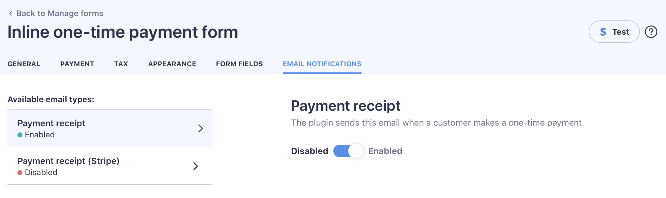 You can enable email receipts on the 'Email notification' tab of forms