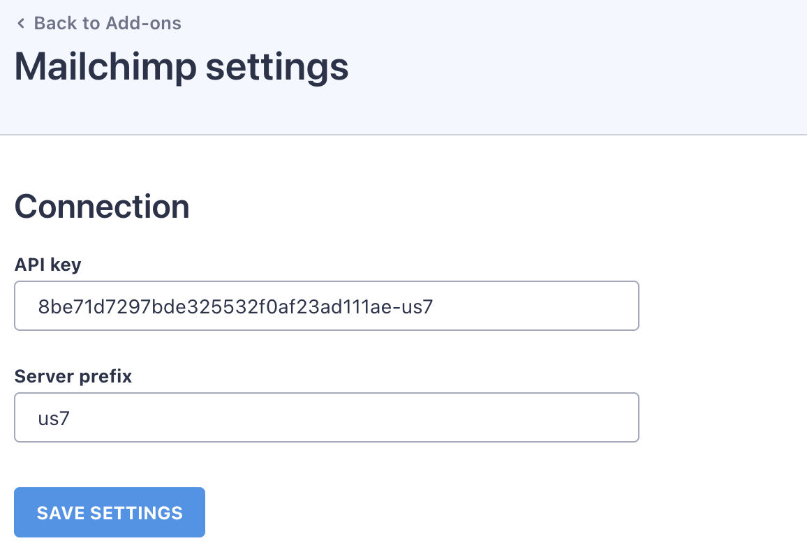Configuring the connection parameters - API key and server prefix - of the Mailchimp add-on for WP Full Pay