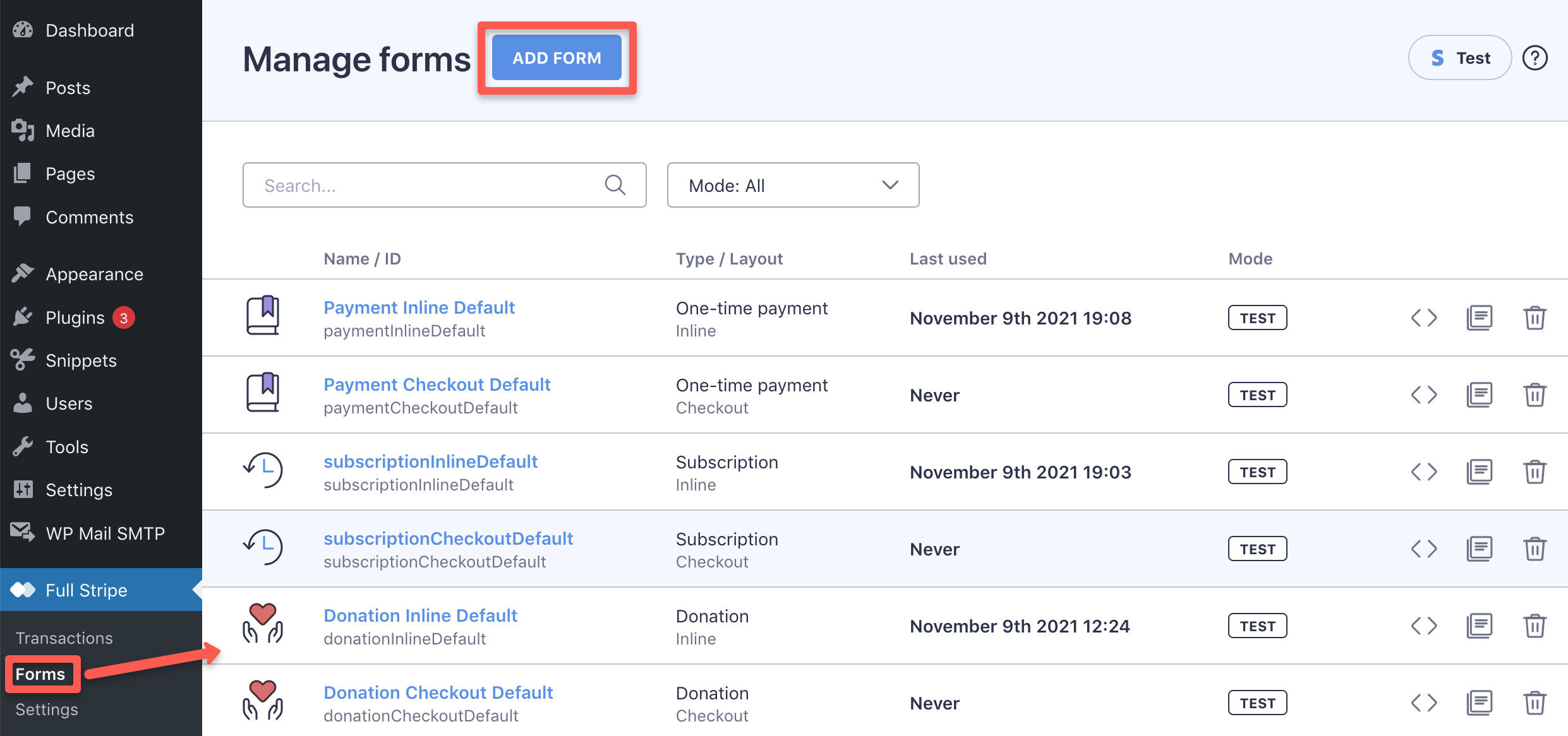 Create a new subscription form by pressing the 'Add form' button on the 'Full Stripe / Forms' page