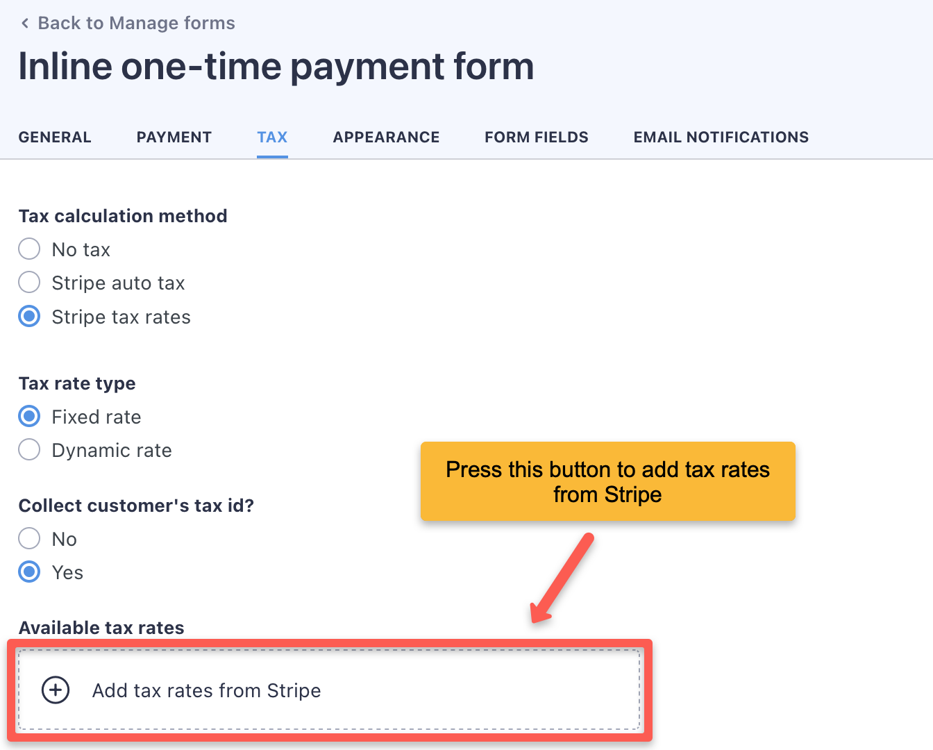 Add tax rates on the 'Tax' tab of the form