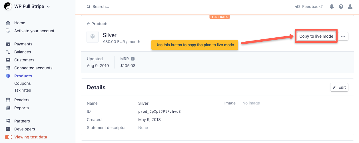 Copy to live mode - Stripe dashboard