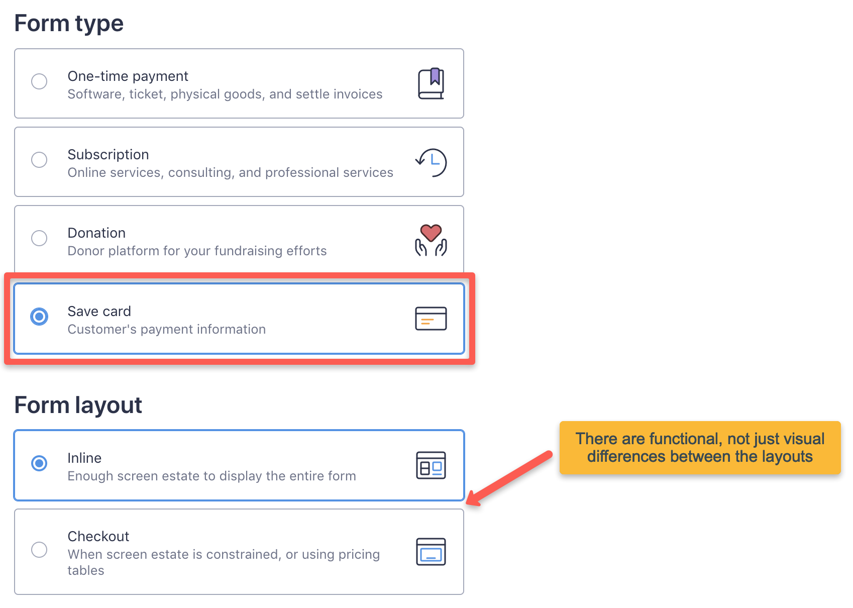 You can enter name and display name for the save card form, plus select the form layout