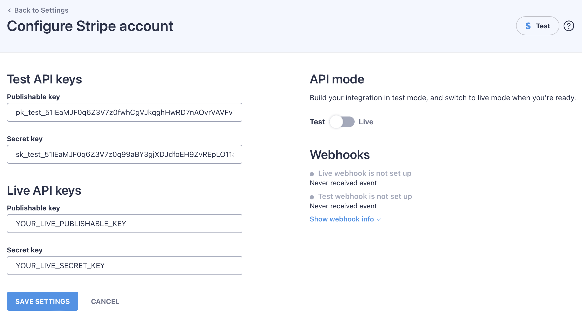 You can configure the WP Full Stripe publishable and secret Stripe API keys on the “Configure Stripe account” page.