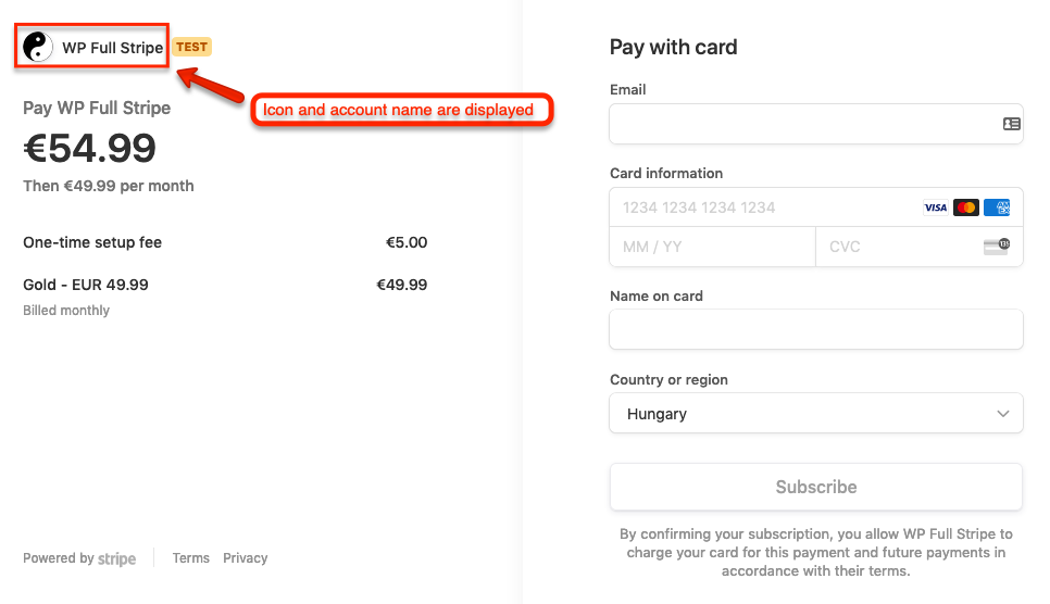 Stripe checkout form - Stripe account name is displayed