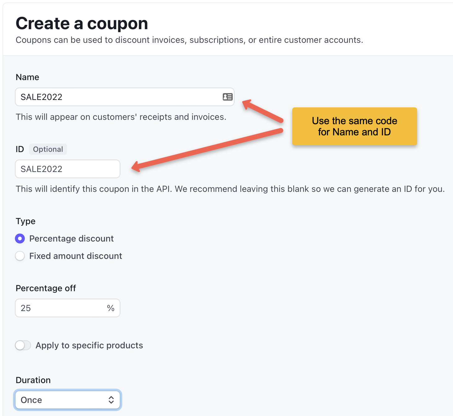 You can enter the parameters of your Stripe coupons in the 'Create a coupon' dialog.
