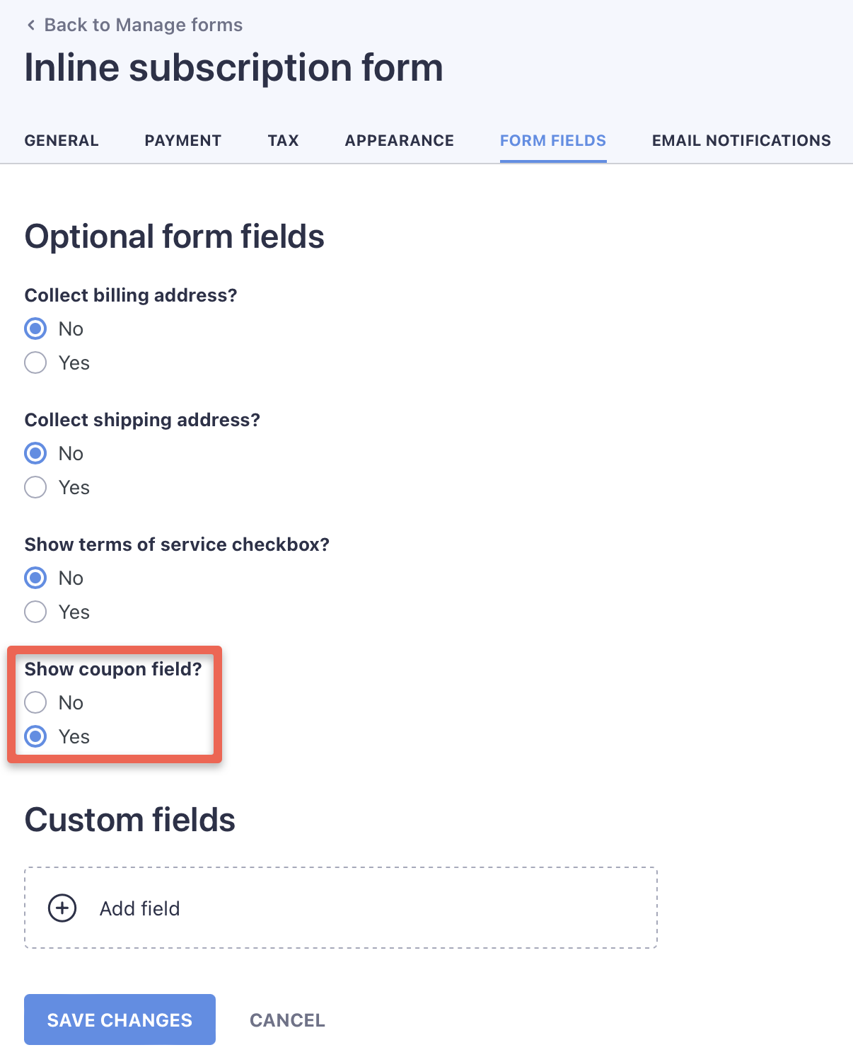 In WP Full Pay, you can decide on a per-form basis if you want to show a coupon field.