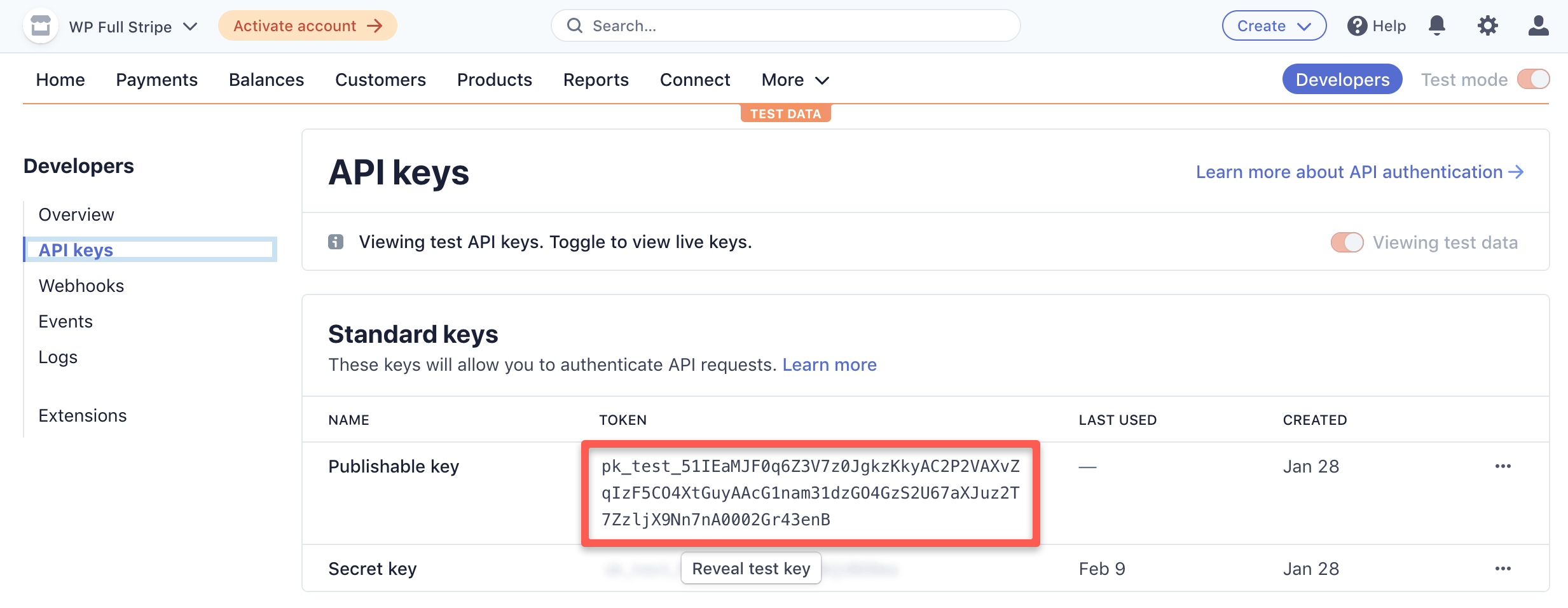On the “API keys” page, you can find your publishable and secret Stripe API keys.
