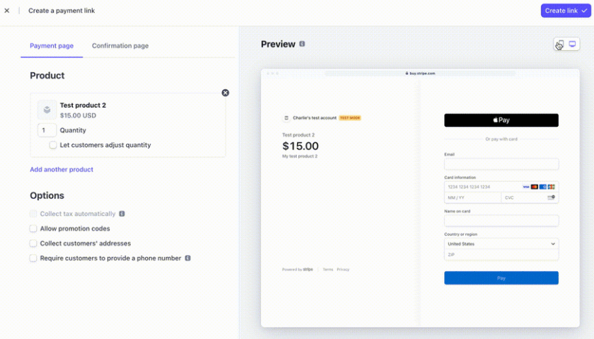 Stripe Payment Links allows you to check what the payment page will look like on different devices.