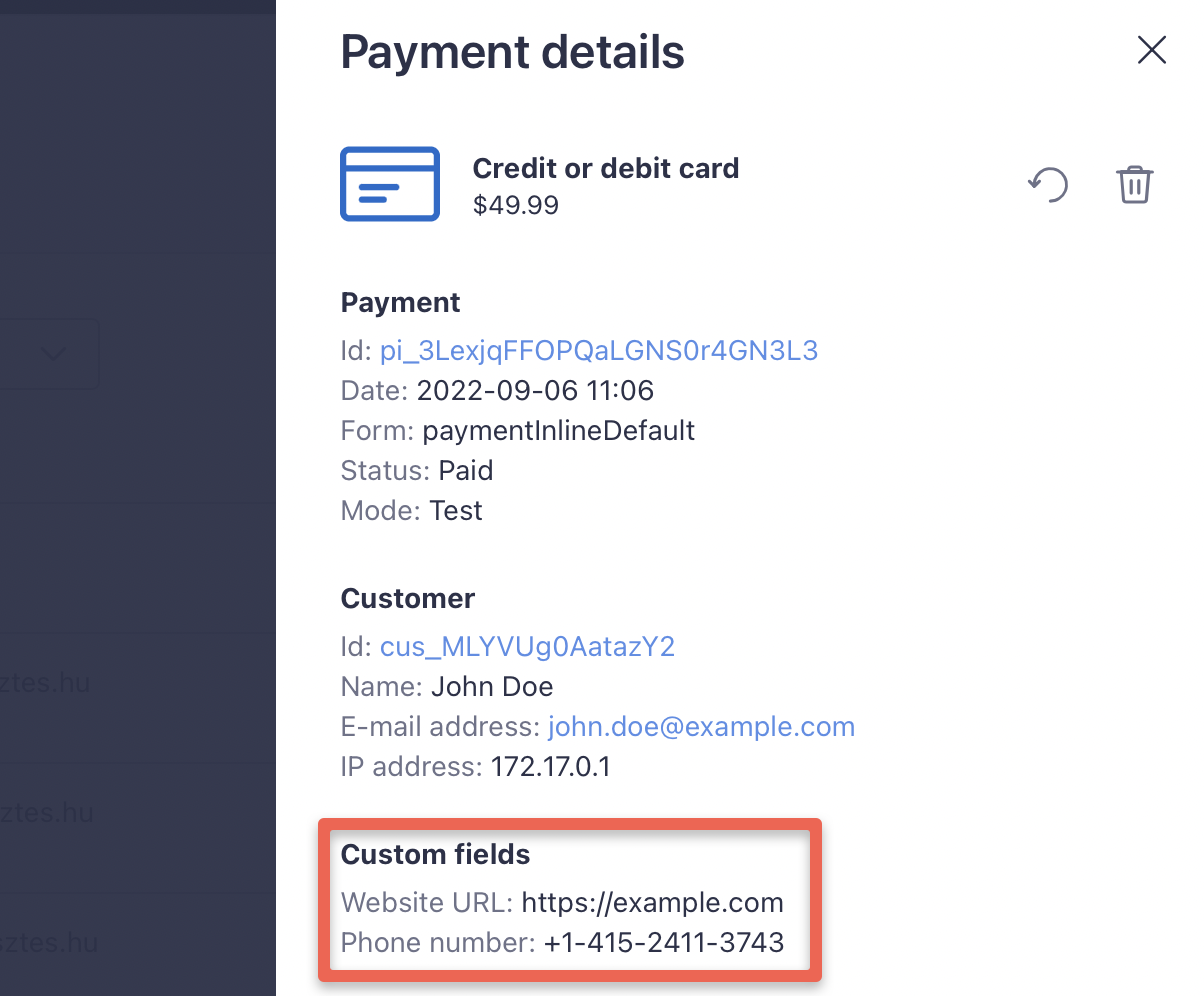 Custom field values can be viewed in the 'Transaction details' side pane of the transaction