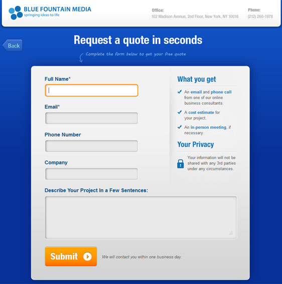 Trust seals - Quote request form on the Blue Fontain Media website without trust seals