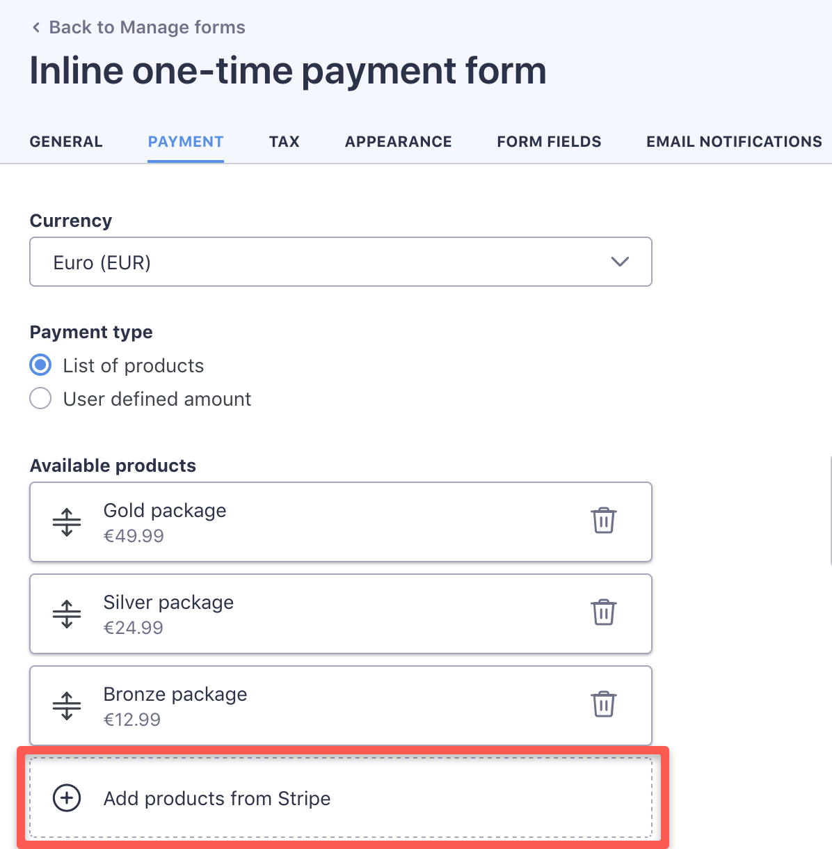 WP Full Stripe - One-time payment forms utilize Stripe products