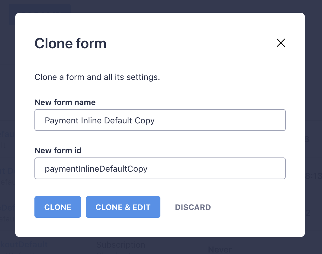 WP Full Stripe - The 'Clone form' dialog on the 'Manage forms' page