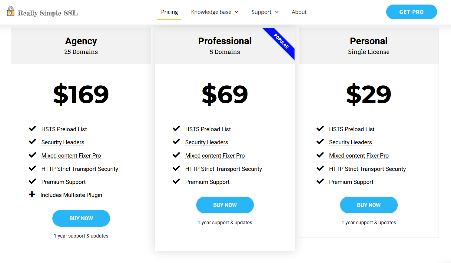 Pricing of the WordPress SSL plugin “Really Simple SSL Pro”.