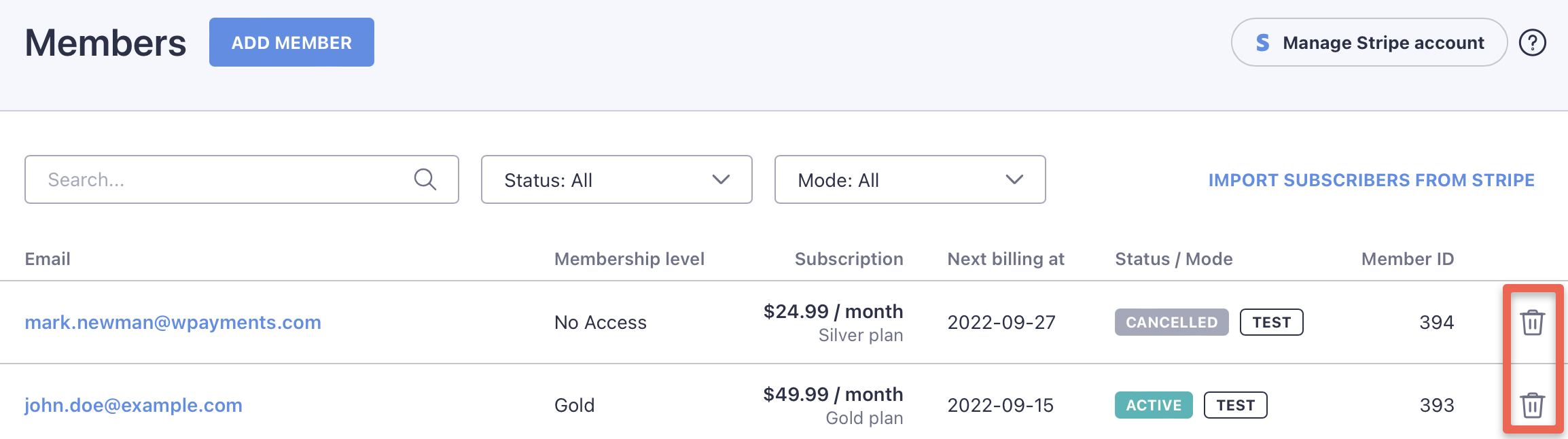 WP Full Stripe Members - Remove member
