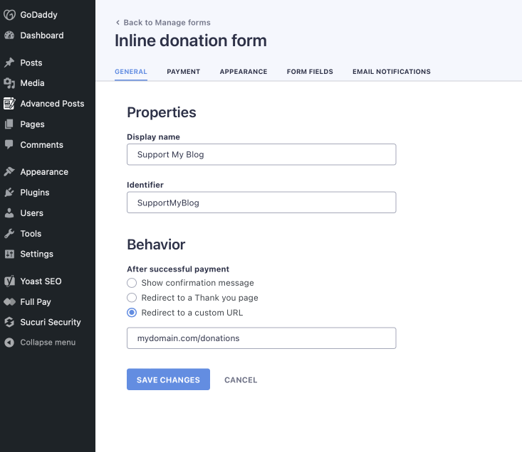 Adding thank you page for your donation form