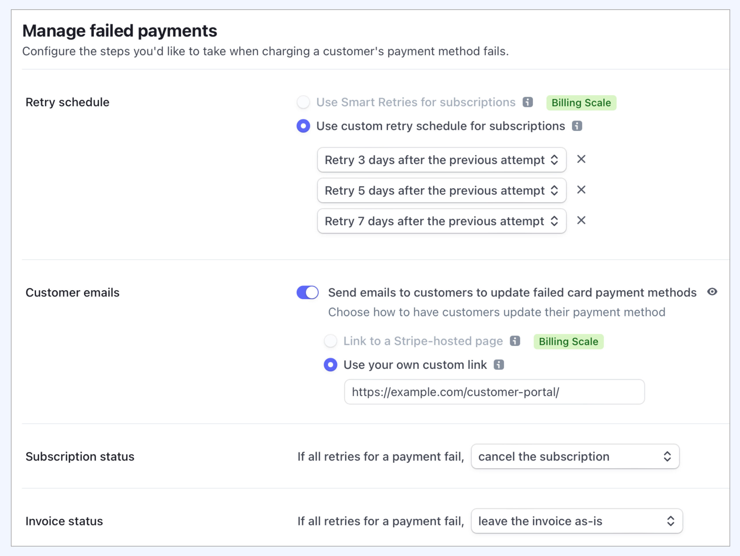 Stripe lets you customize your failed payment email as part of your dunning process.