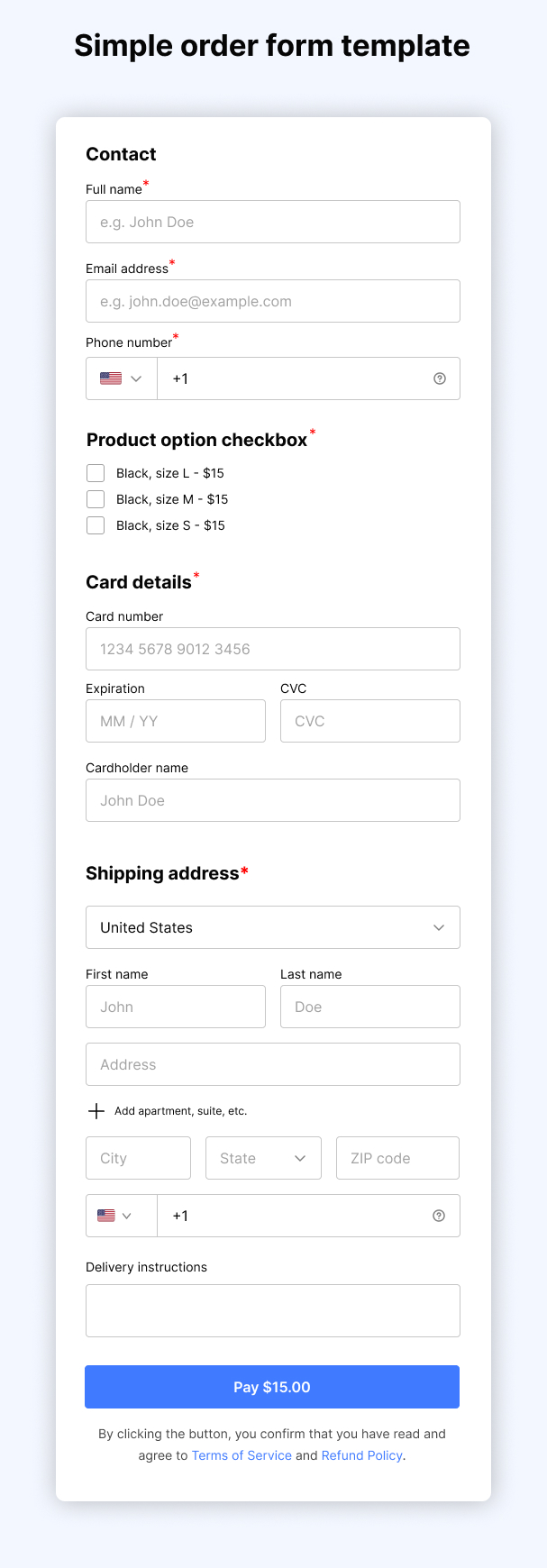 simple order form template example for t-short product