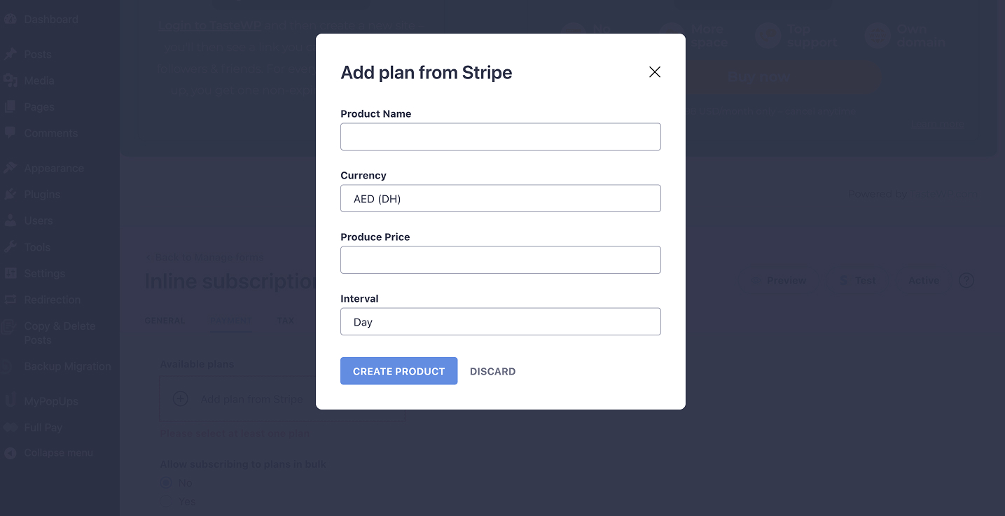 Add Stripe plans to WordPress site