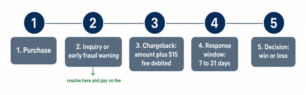 The dispute lifecycle: purchase, pre-dispute signal, chargeback, response window, decision