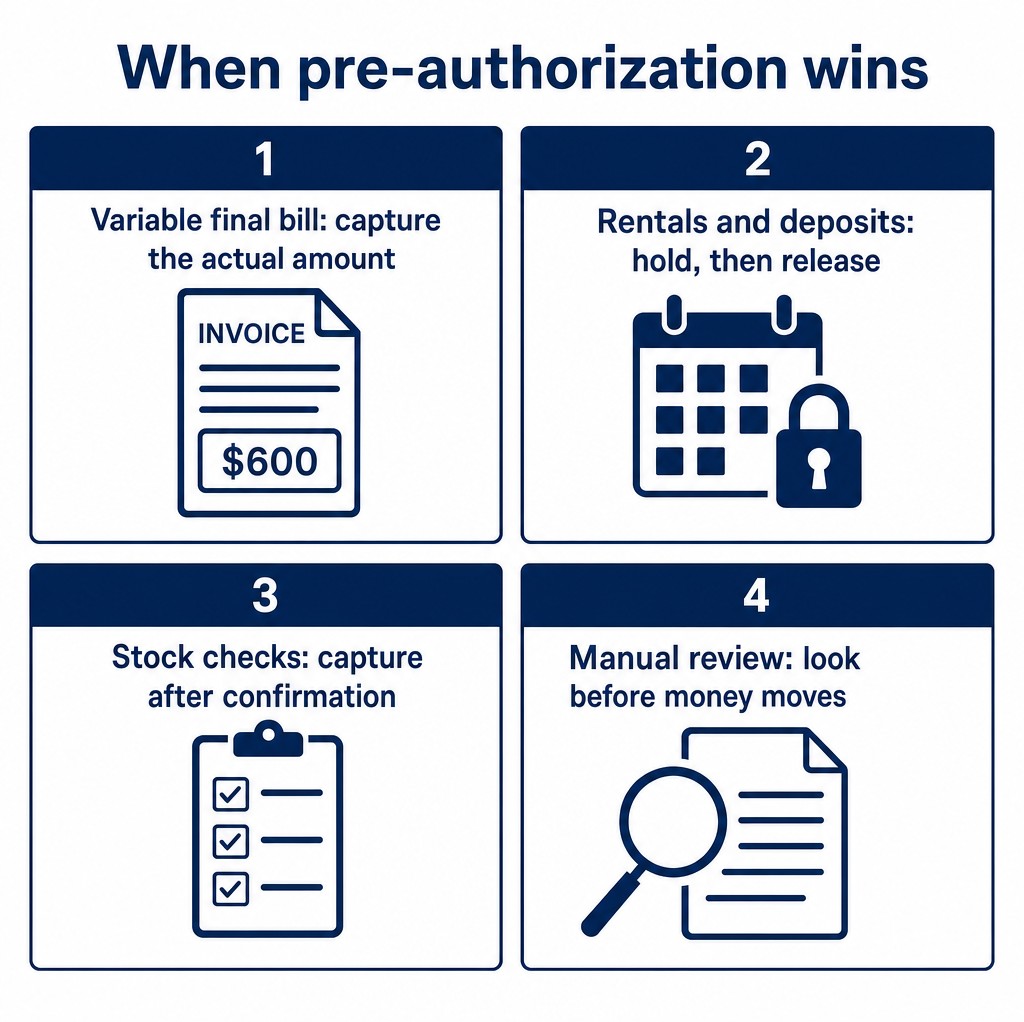 When pre-authorization wins: variable final bills, rentals and deposits, stock checks, manual review