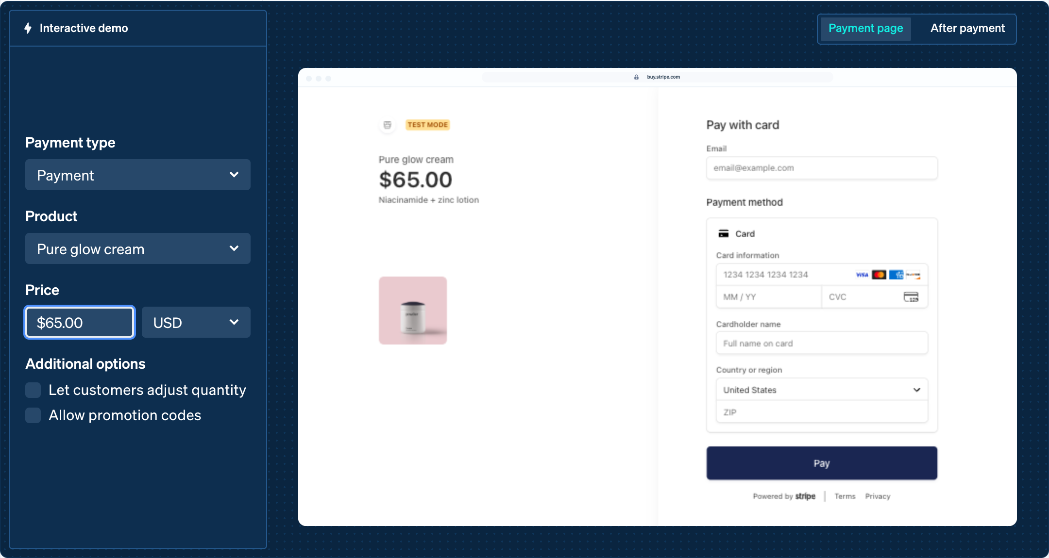 Stripe's official Payment Links demo with a one-time product, price, and hosted checkout preview.