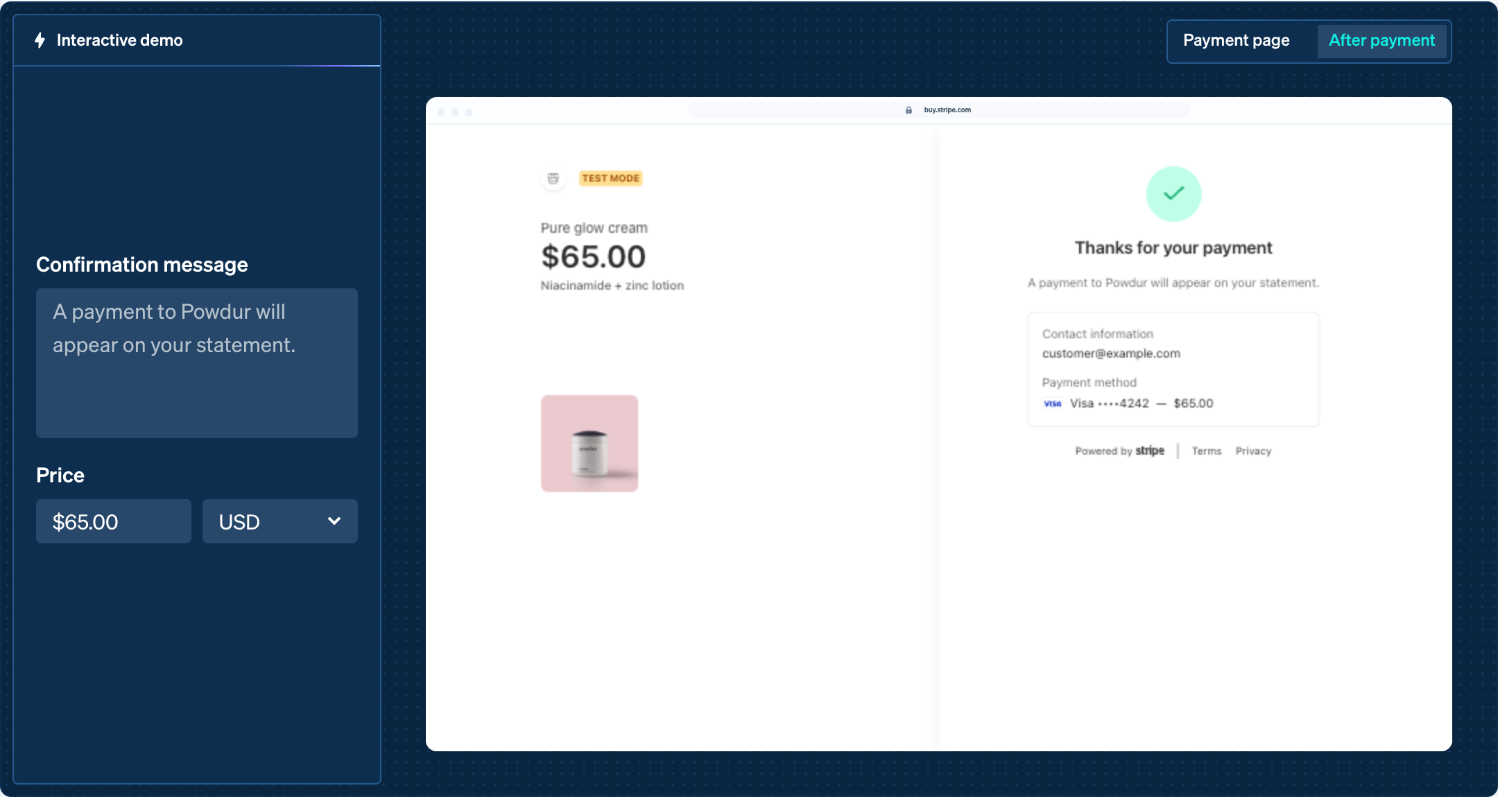 Stripe's official Payment Links demo showing the configured post-payment confirmation.