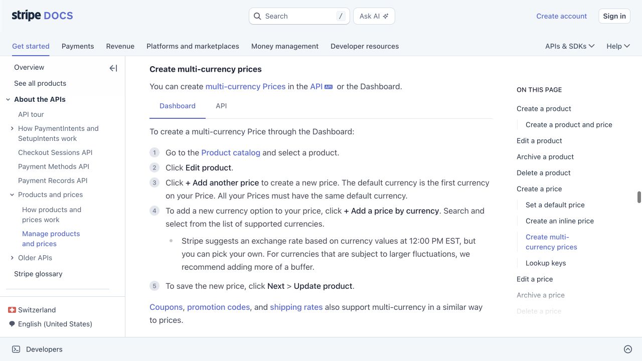 Current Stripe documentation listing the Dashboard steps for a multi-currency Price.