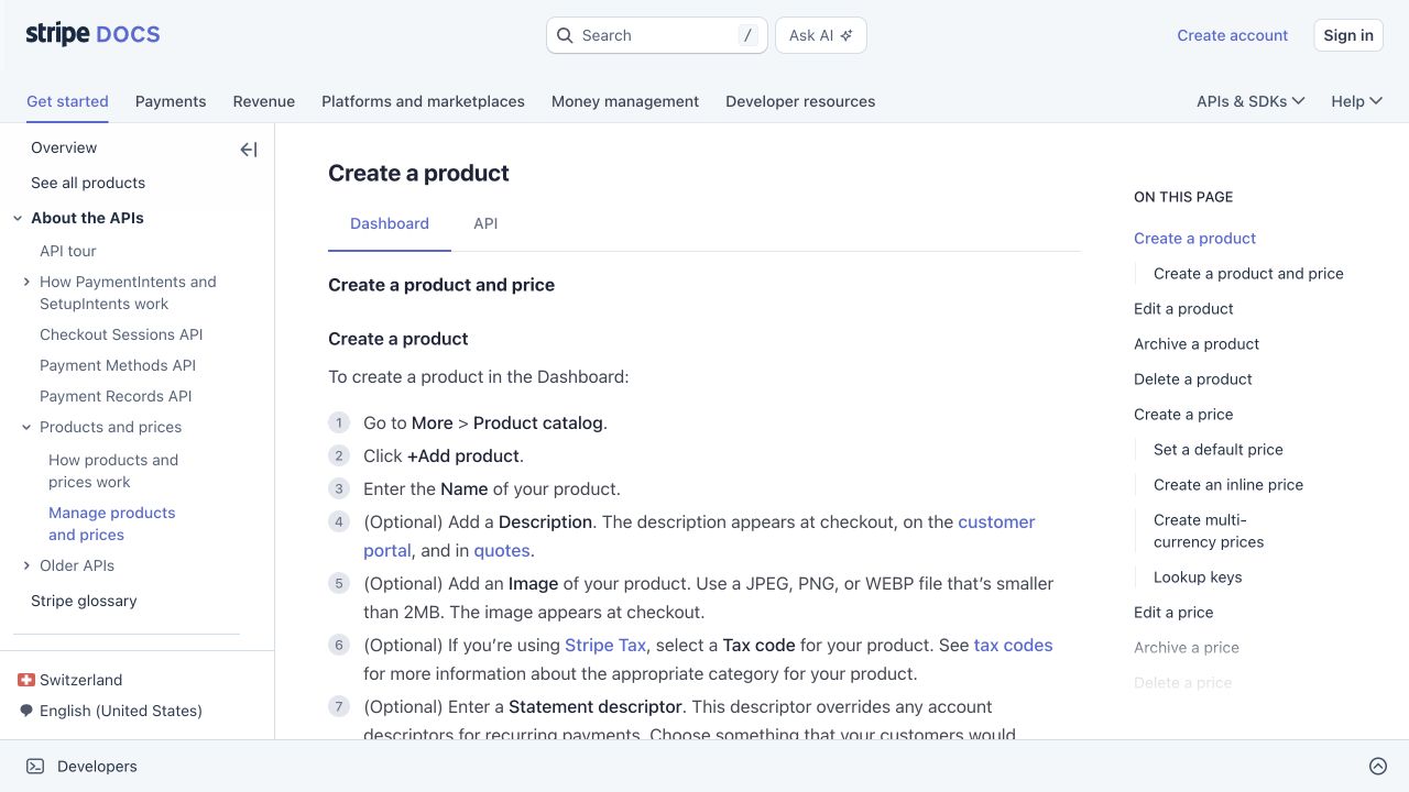 Current Stripe documentation showing the More, Product catalog, and Add product steps.