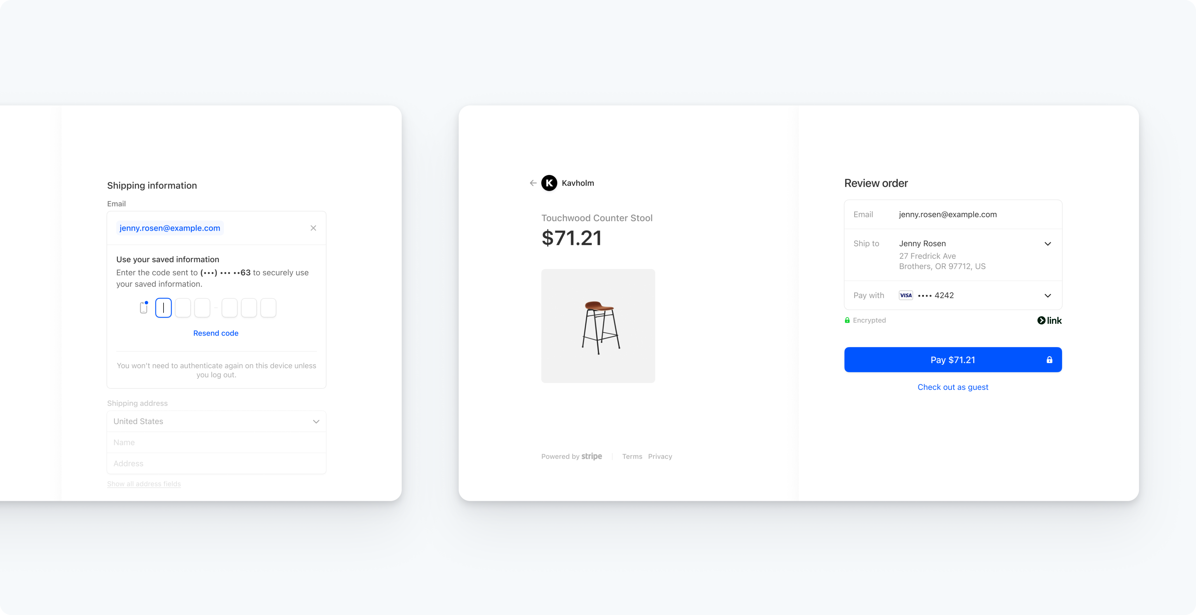 Stripe Checkout showing Link as an accelerated checkout option.