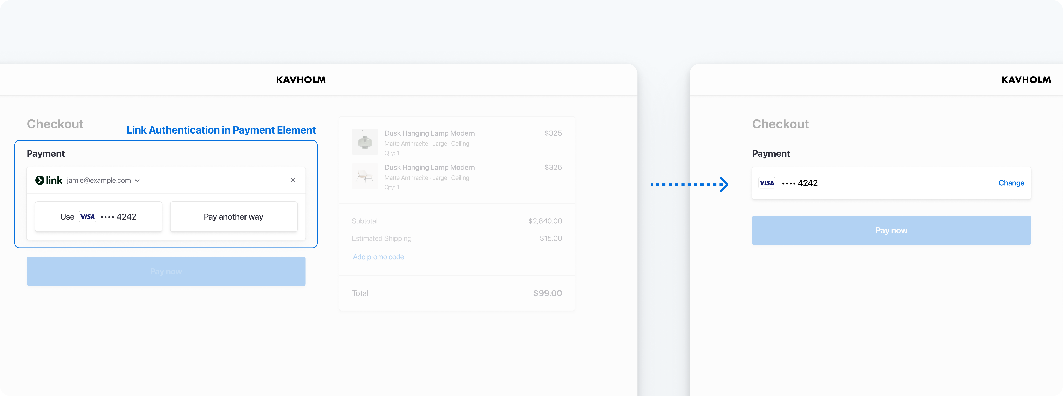 Stripe Payment Element prompting a customer to authenticate or enroll with Link.