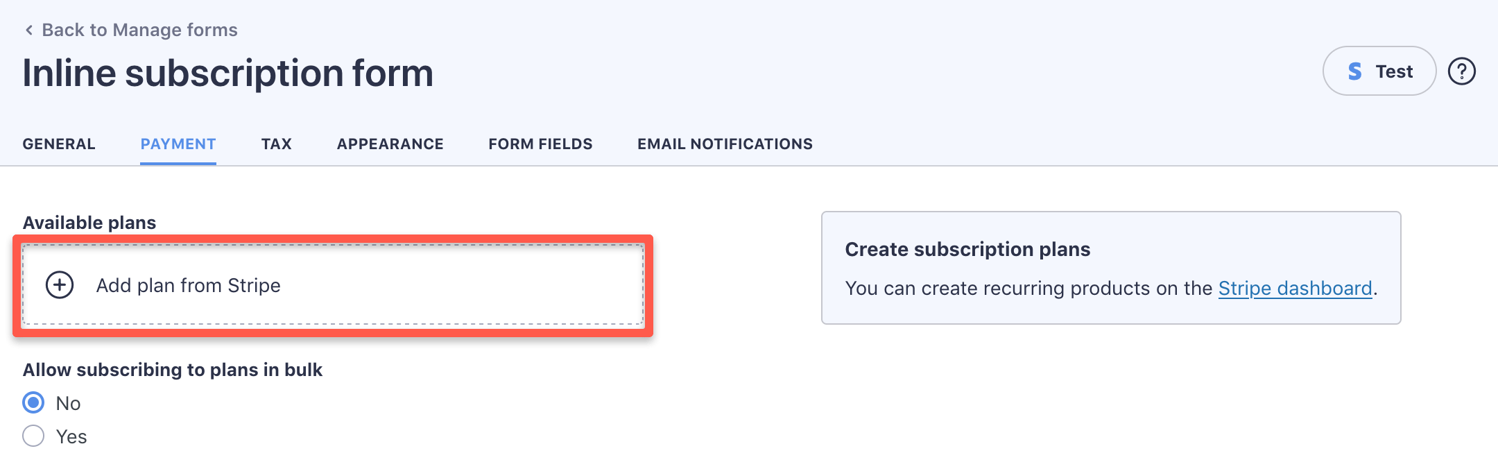 WP Full Pay subscription form editor showing the Payment tab and Add plan from Stripe button.
