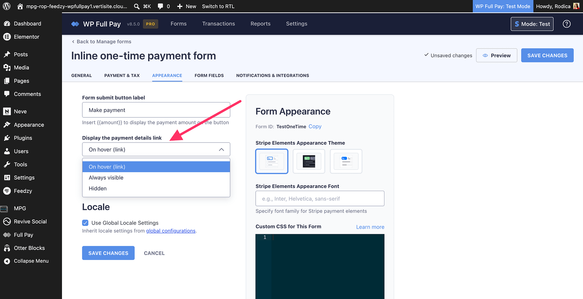 WP Full Pay version 8.5.0 inline one-time payment form editor in test mode