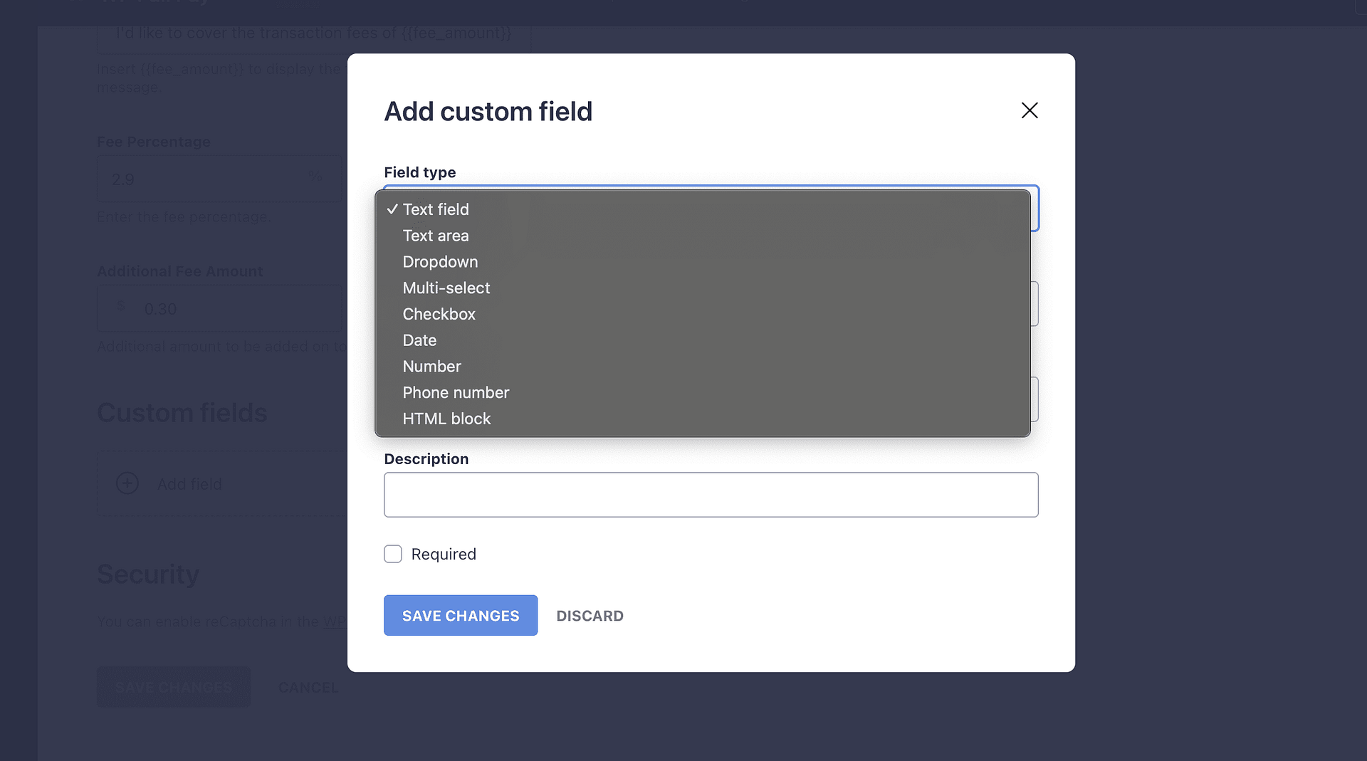 WP Full Pay Add custom field dialog with Checkbox among the available field types
