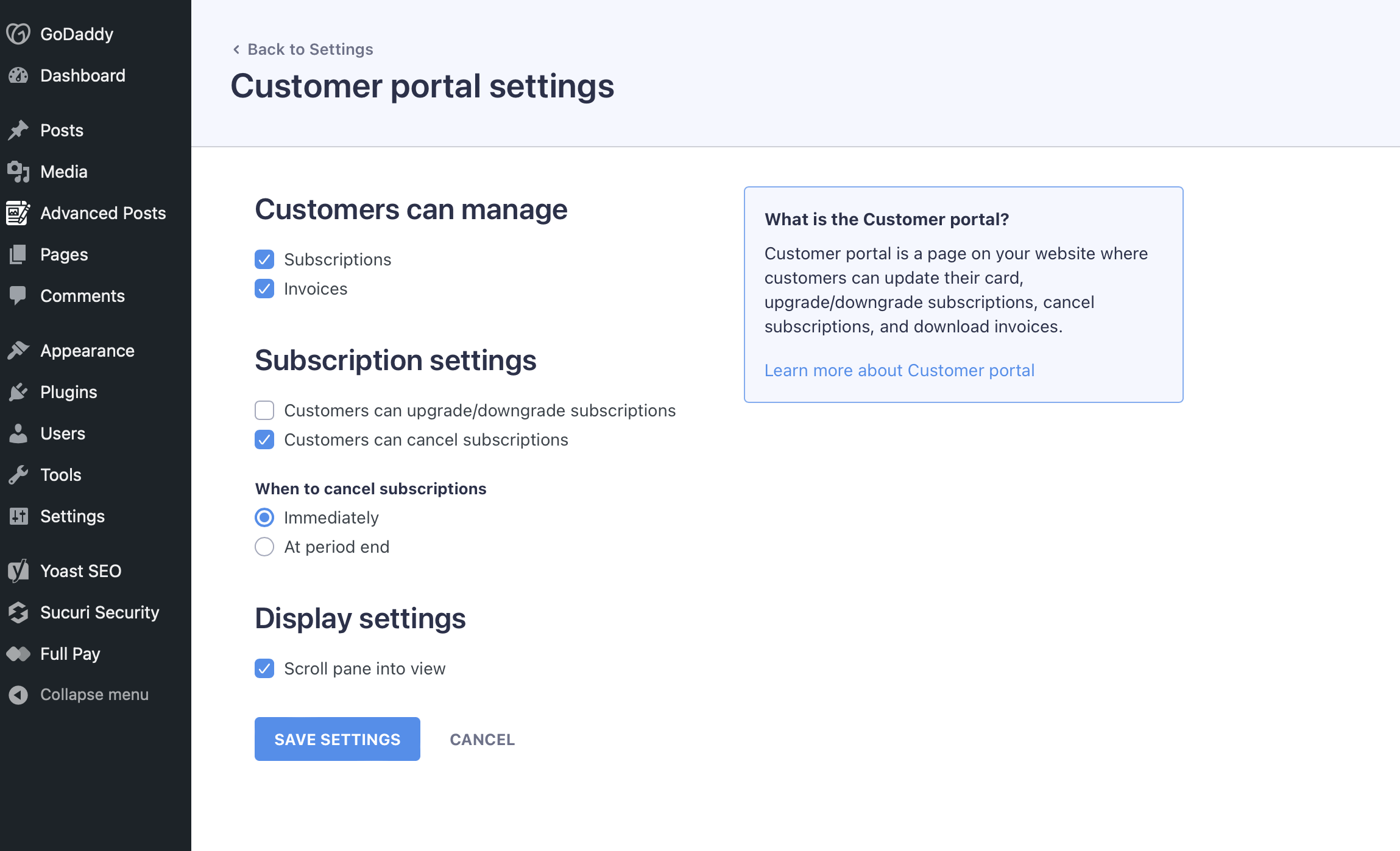 Current WP Full Pay customer portal settings with subscription, invoice, cancellation, and payment update controls