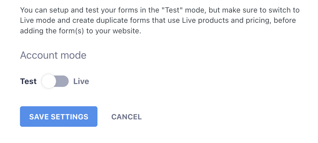 WP Full Pay Account mode control with Test selected and Live available