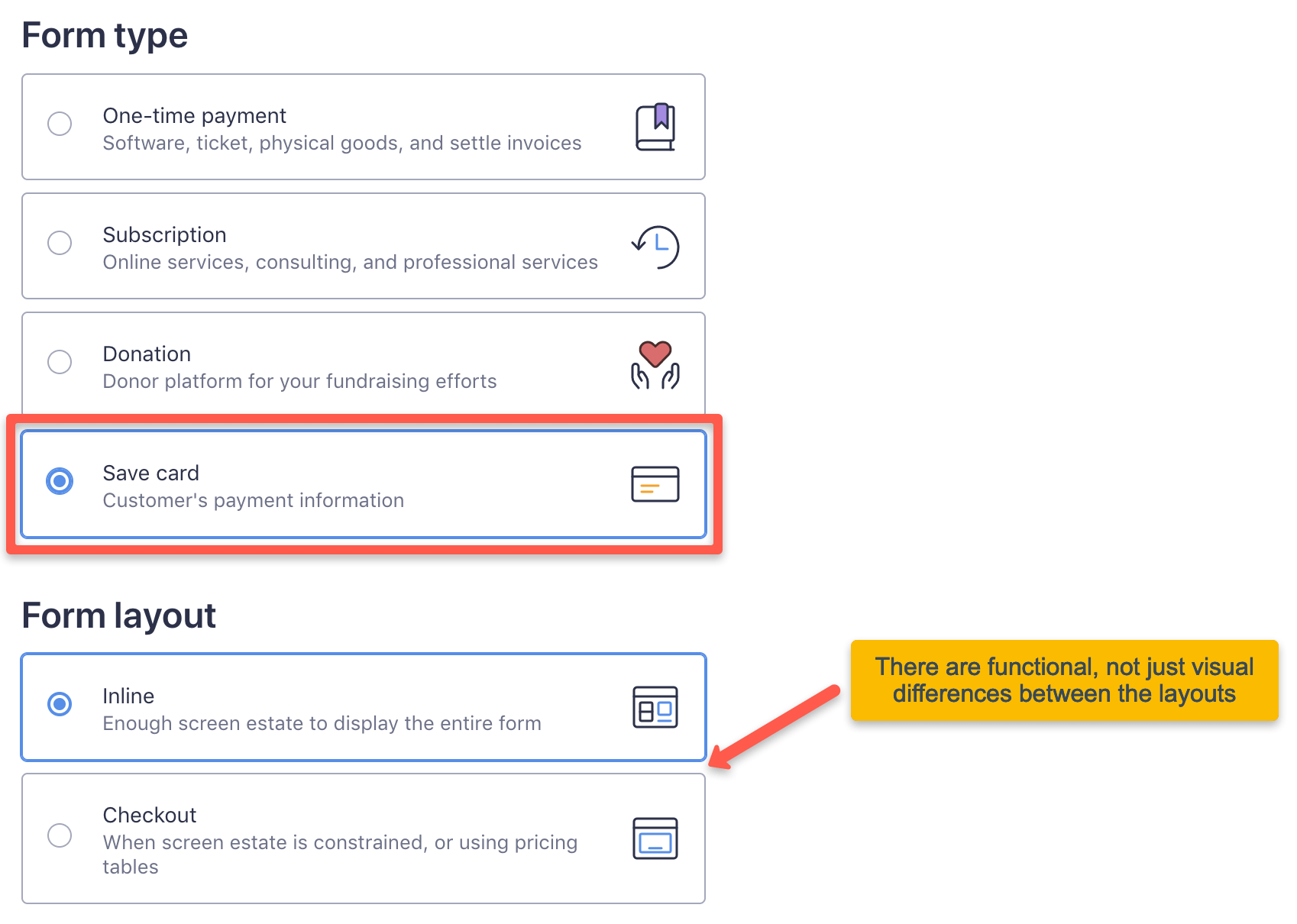 WP Full Pay form type selector with Save card chosen and Inline and Checkout layouts shown