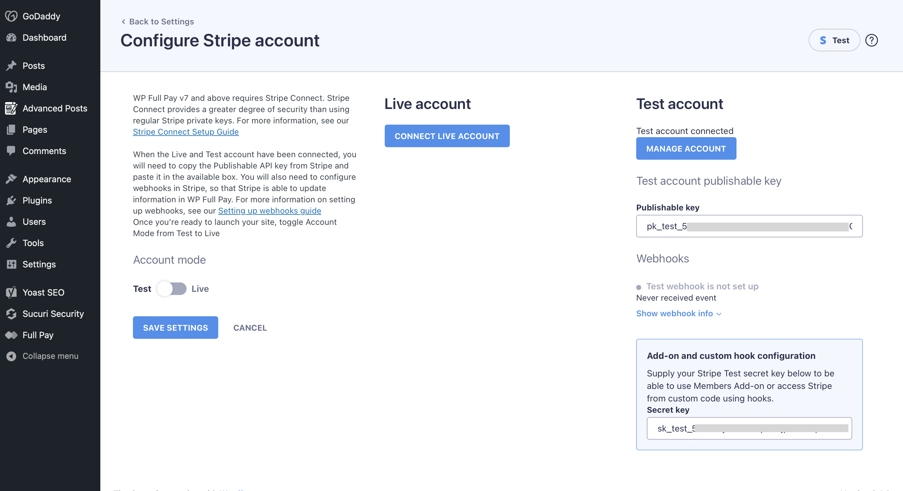 WP Full Pay Configure Stripe account screen showing separate Live and Test account connections