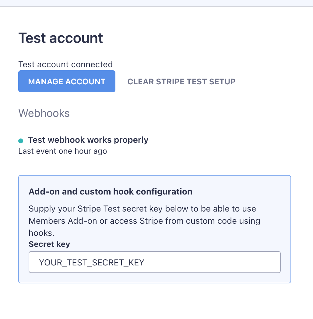 WP Full Pay test account settings with a secret key field for the Members add-on or custom hook code.